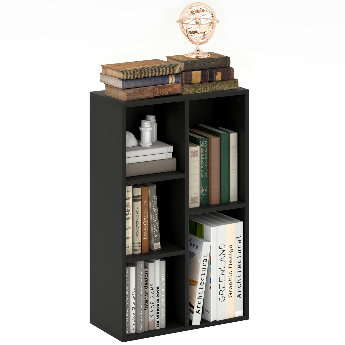 2-Tier Bookshelf with 5 Compartments - White / Black