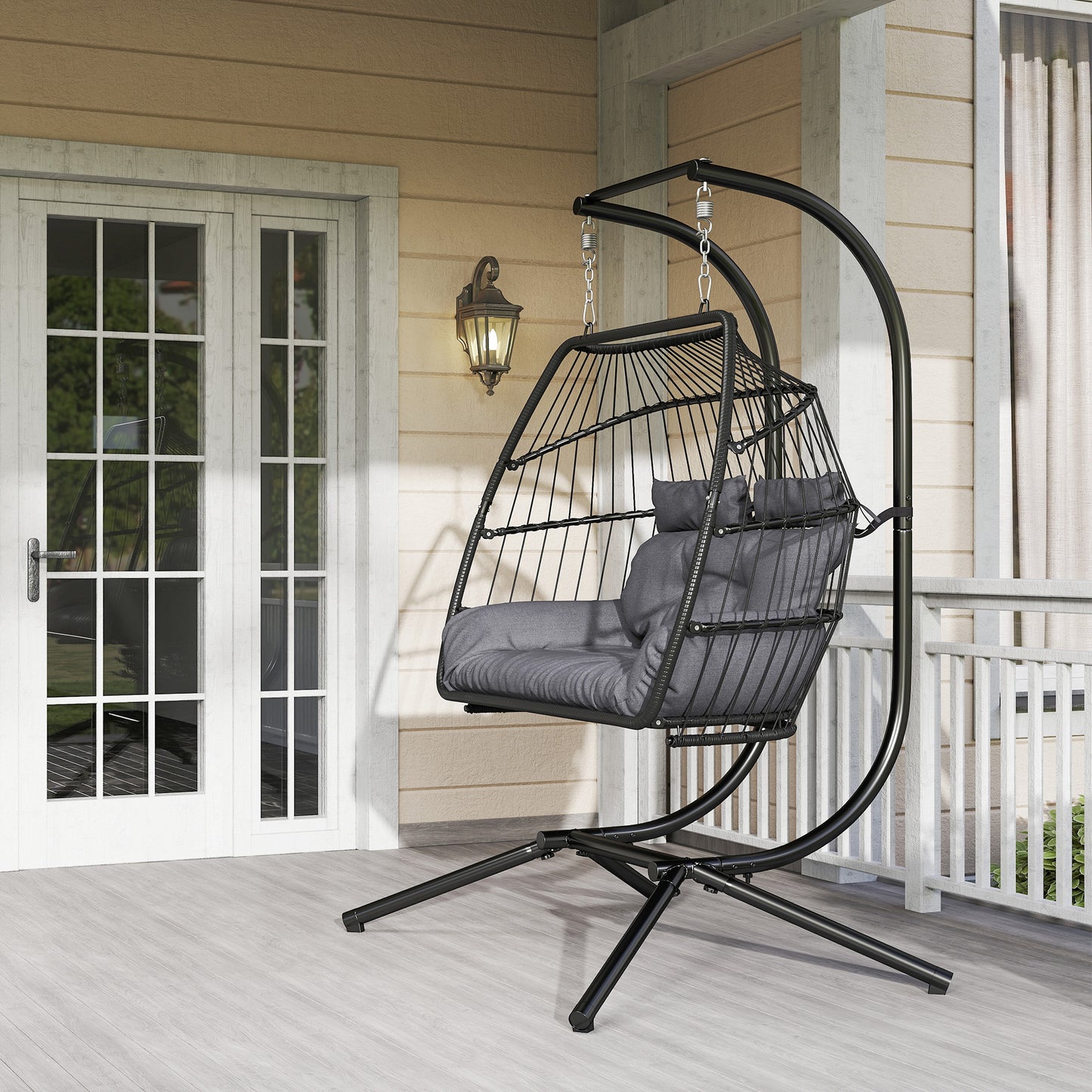Outsunny Rattan Double Hanging Egg Chair with Stand, Foldable Wicker Swing Egg Chair with Cushion, Head Pillows, Steel Frame, Hammock Chair for Indoor Outdoor
