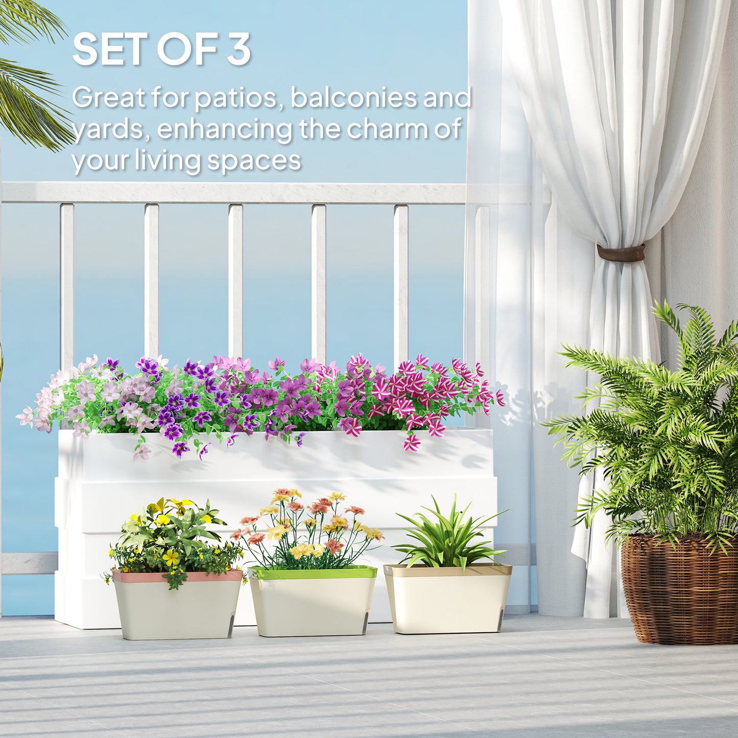 Set of 3 Self Watering Plant Pots Outdoor, Garden Planters with Visual Water Level Window, Plastic Flower Pots for Indoor Outdoor Garden Balcony Windowsill