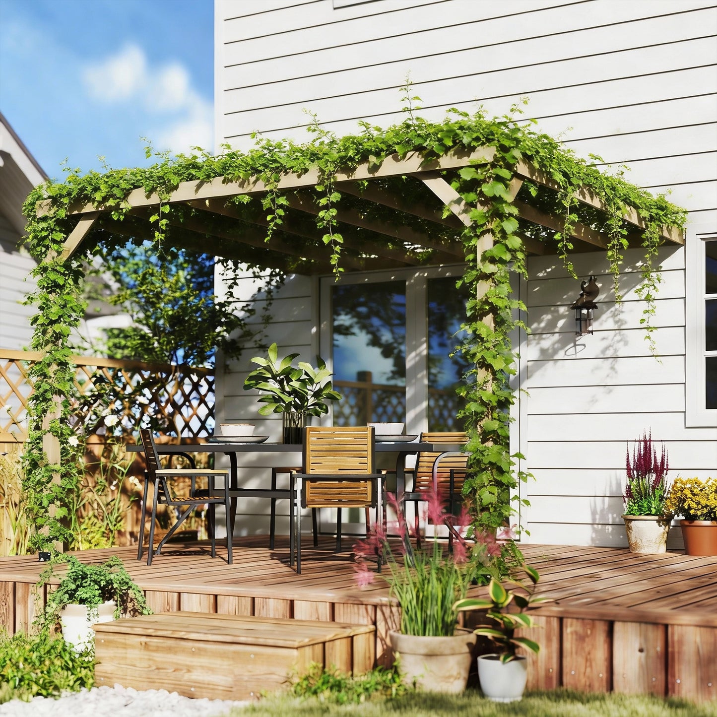 Lean-To Wooden Pergola Kit, Decorative Garden Gazebo with Stable Structure and Concrete Anchors, 3 x 3 m, Light Brown