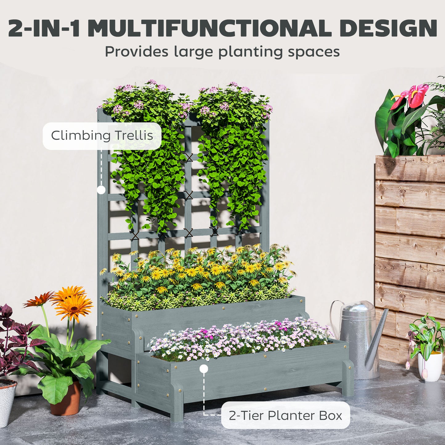 2-Tier Raised Garden Bed with Trellis, Wooden Elevated Planter Box Outdoor Raised Planter for Climbing Plants, Fruits, Vegetables, Flowers, Grey