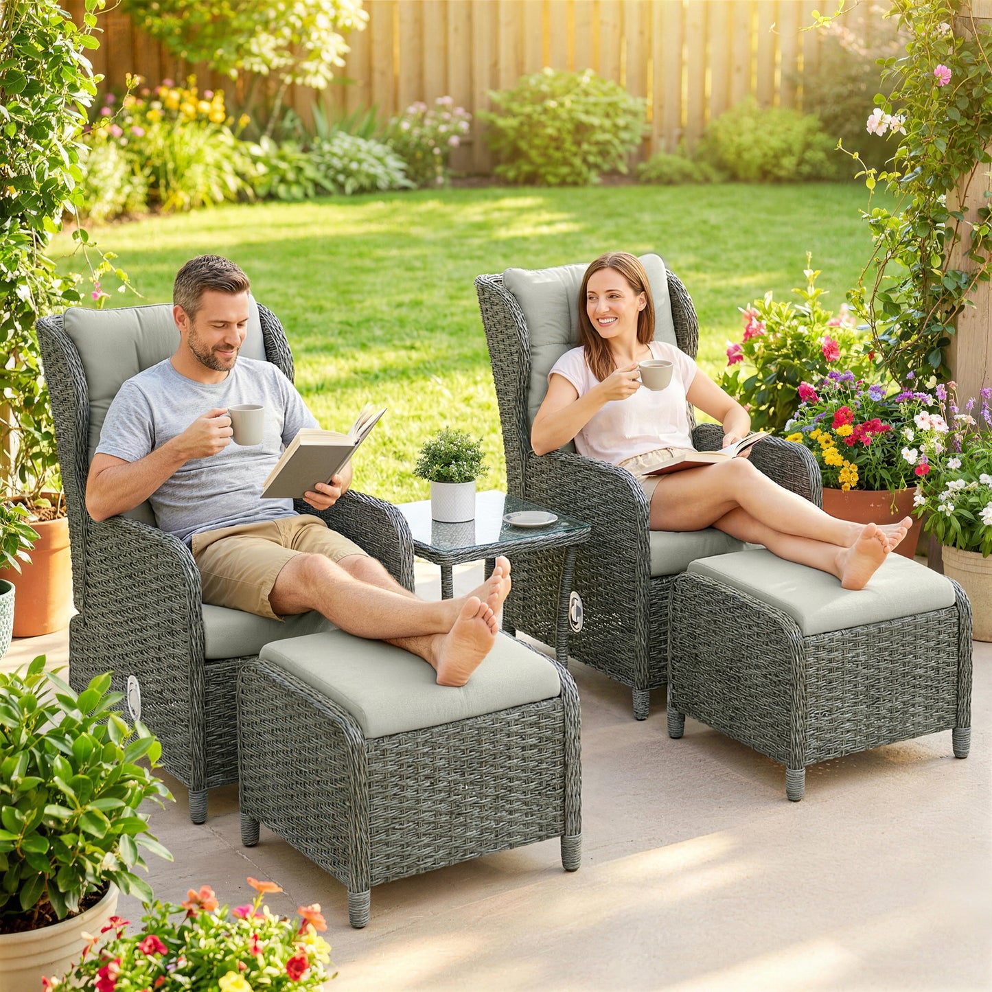 5 Piece Rattan Garden Furniture Set | 2 Reclining Chairs & 2 Footstools | Side Table | 90-135° Backrest | Aluminium Frame | Washable Cushions | 120kg | Cream White