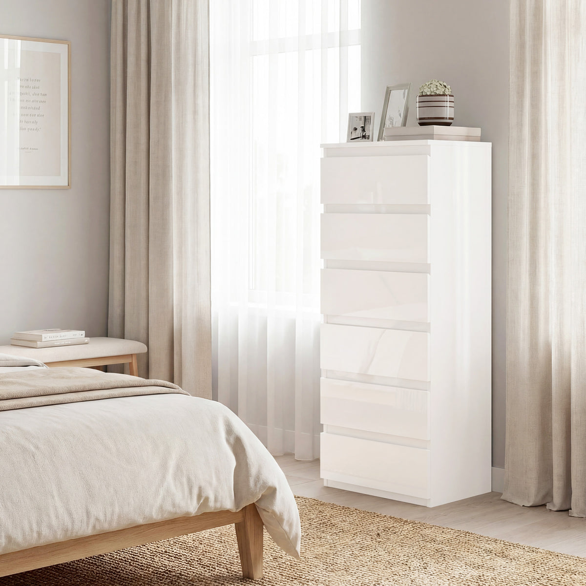 Slim 6-Drawer Chest | High-Gloss White Tallboy with Handle-Free Fronts & Wall Anti-Tip Kit | MDF Bedroom Storage | 40W × 35D × 109Hcm