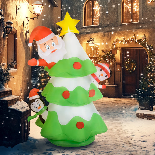 Outsunny 8FT Inflatable Christmas Tree with Santa Claus, Snowman and Penguin Behind, Blow Up Outdoor LED Display for Garden Party