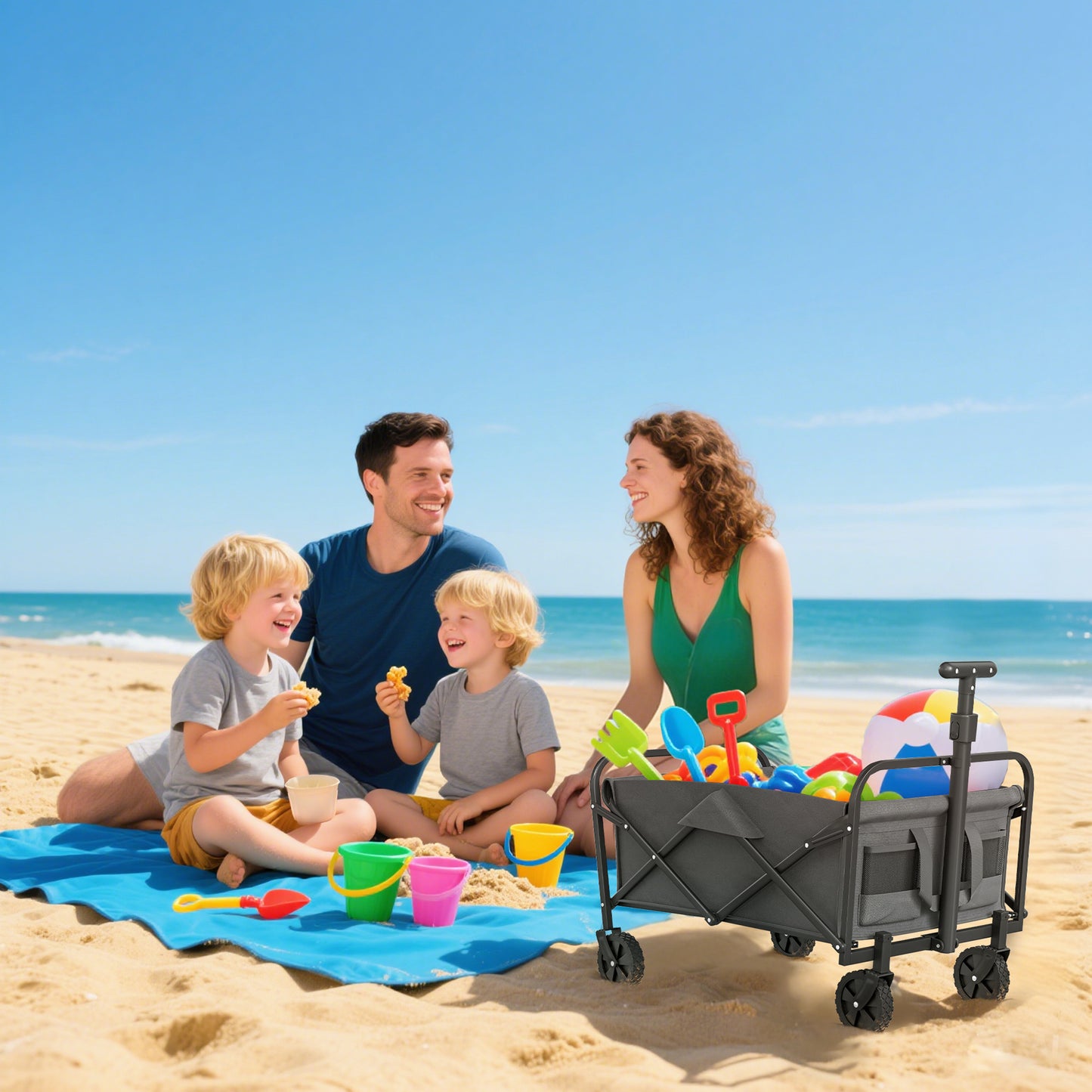 62L Festival Trolley on Wheels, Garden Folding Trolley Cart, 120kg Heavy Duty Collapsible Folding Wagon W/ Adjustable Handle and Carrying Bag for Beach, Camping, Festival