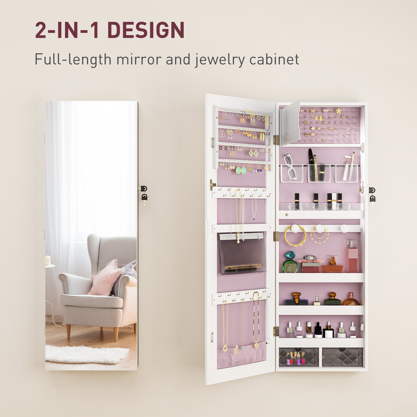 108 x 37cm Lockable Jewellery Cabinet, with LED Lights - White Surface and Pink Lining