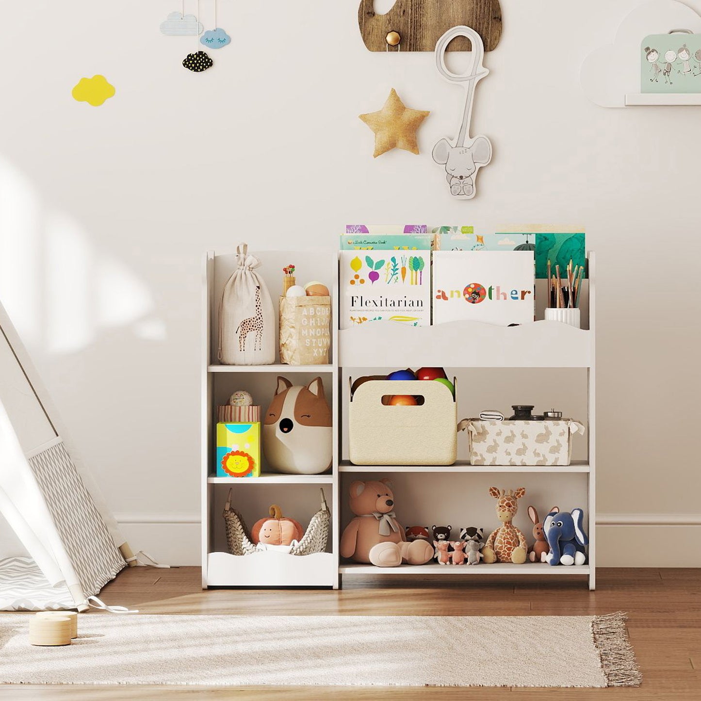 Kids Toy Storage Unit & Bookshelf – Bear Design, Sectioned Shelves, 79cm Child-Height, MDF, For Bedroom, Nursery & Playroom – White