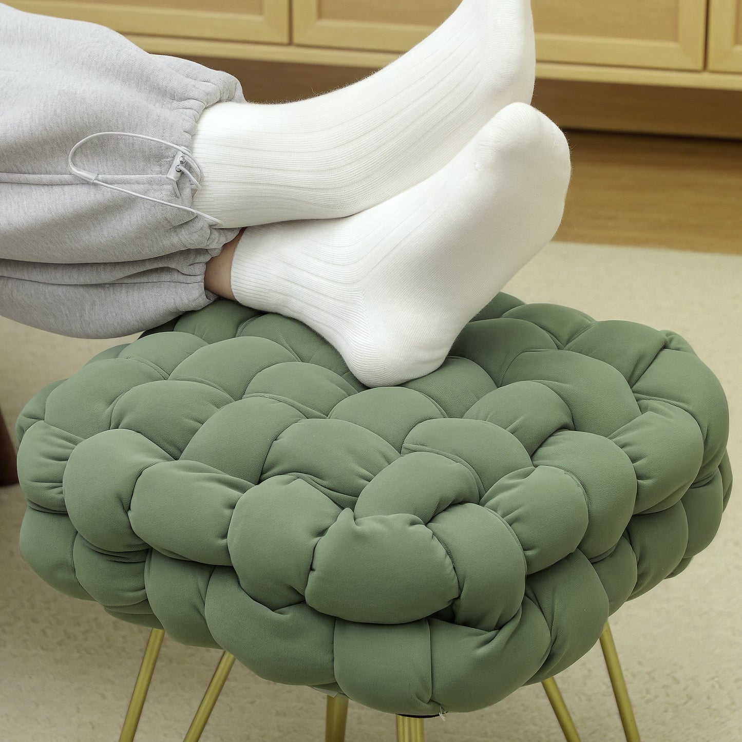 Velvet-Feel Bold Woven Footstool - Green