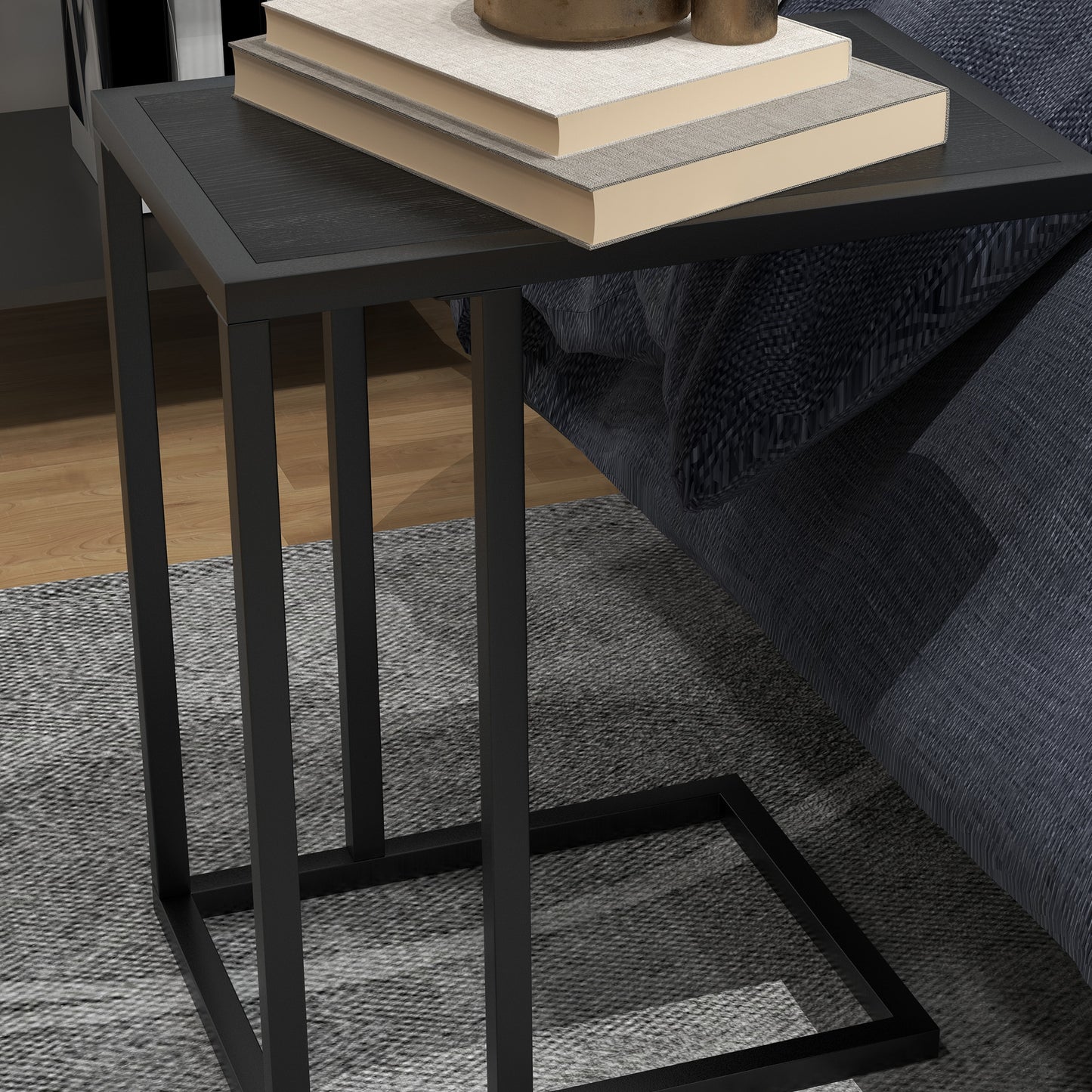 C Shape Bedside Table With Metal Frame Wood-Effect Top Sofa Narrow Snack End Table for Living Room, Black
