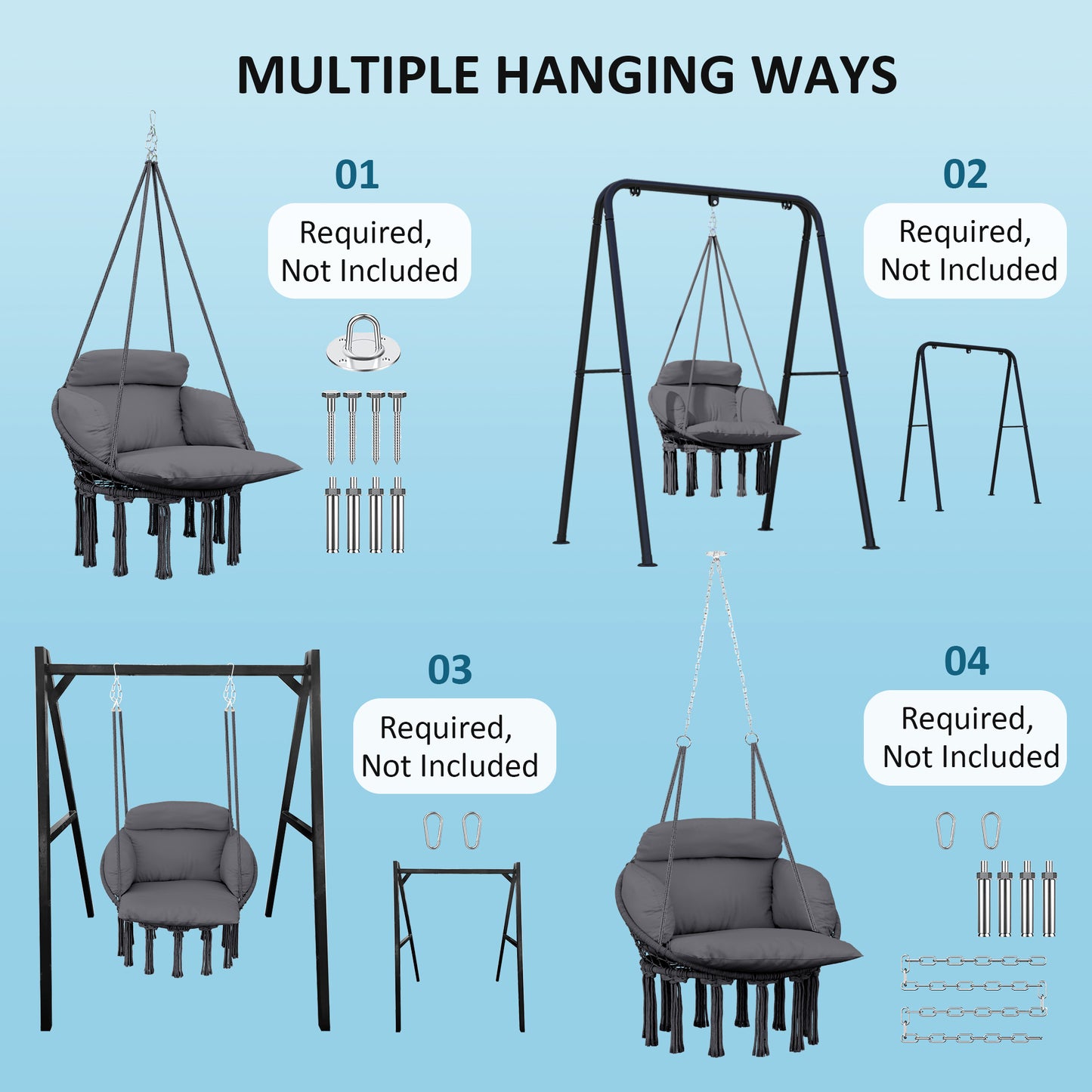Hanging Chair Indoor Outdoor Hammock Chair with Soft Cushion, Cotton Rope Boho Style Swing Chair, Hanging Garden Swing Seat, Dark Grey