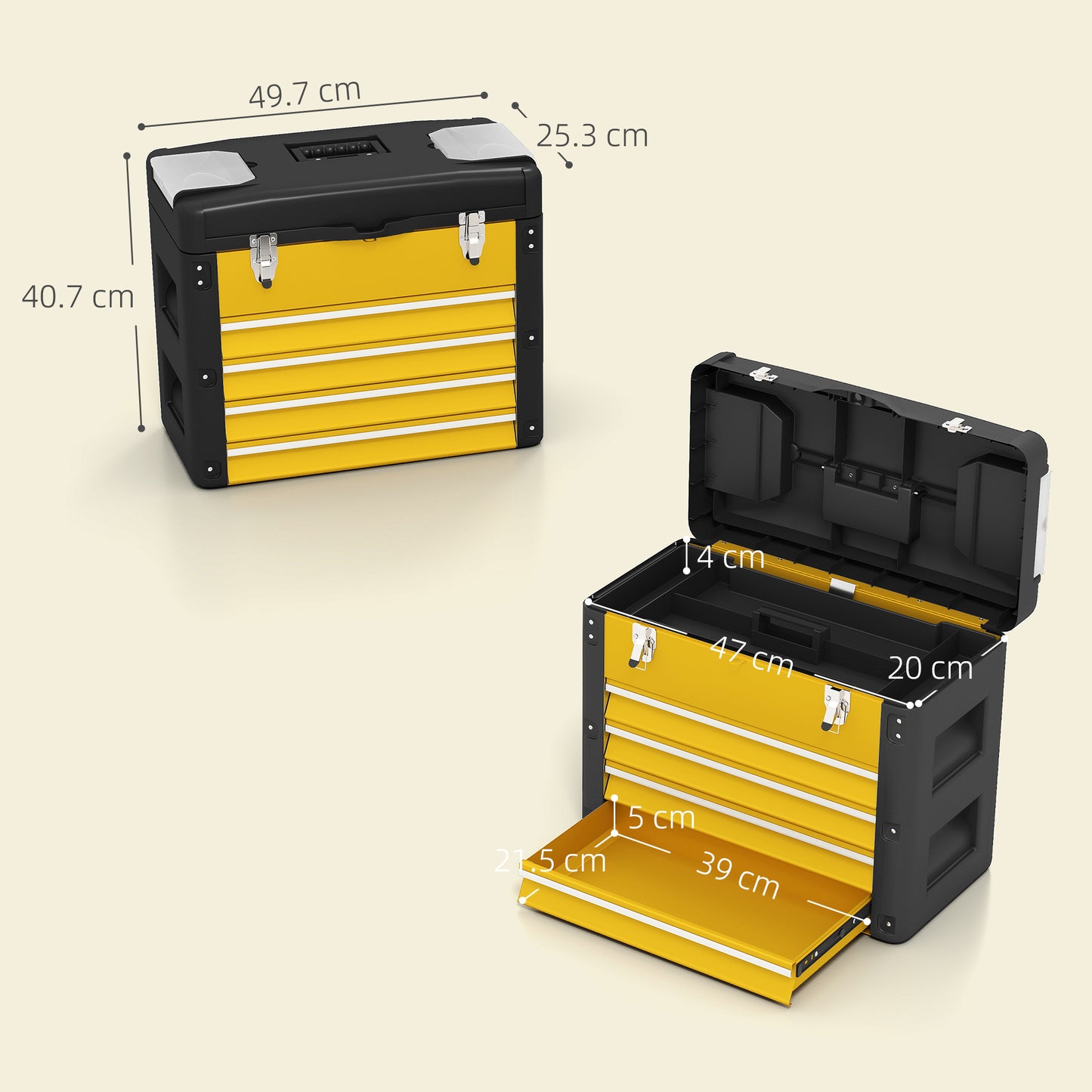 4 Drawers Large Toolbox - Yellow / Orange