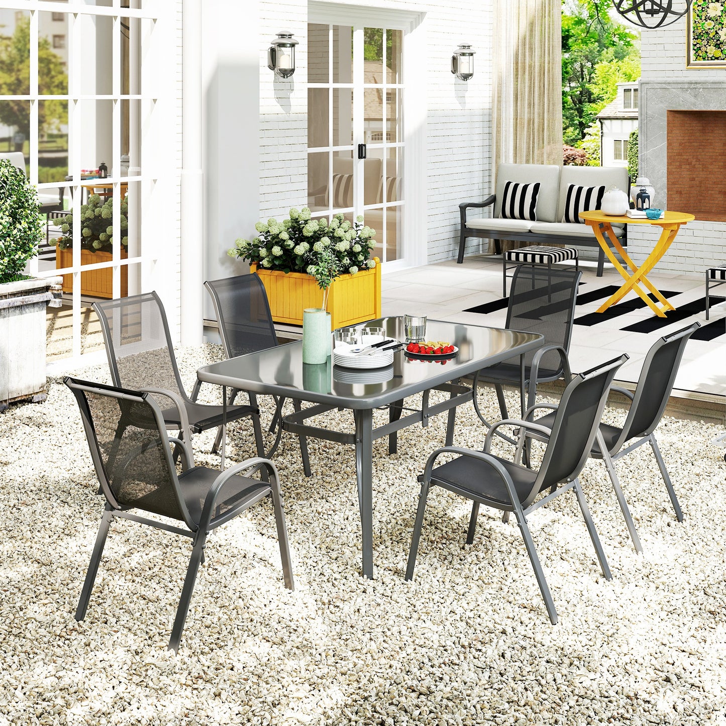 7-Piece Garden Dining Set | 6 Mesh Armchairs & Glass Table | Parasol Hole | 120kg | Charcoal Grey