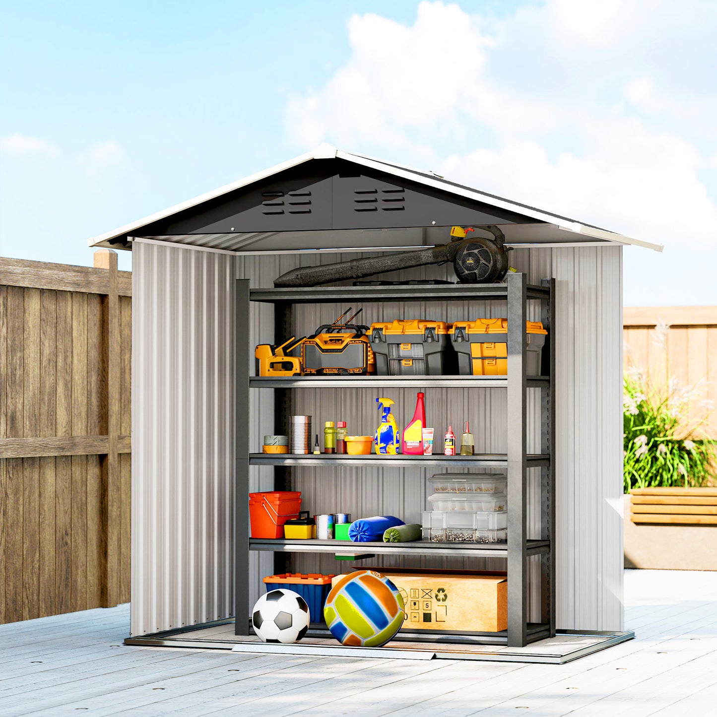Galvanised Steel Garden Storage Shed | Double Sliding Lockable Door | 4 Vents | Sloped Roof | Steel Tile Roof & Walls | 194x107x191cm | 1.8m² | Dark Grey