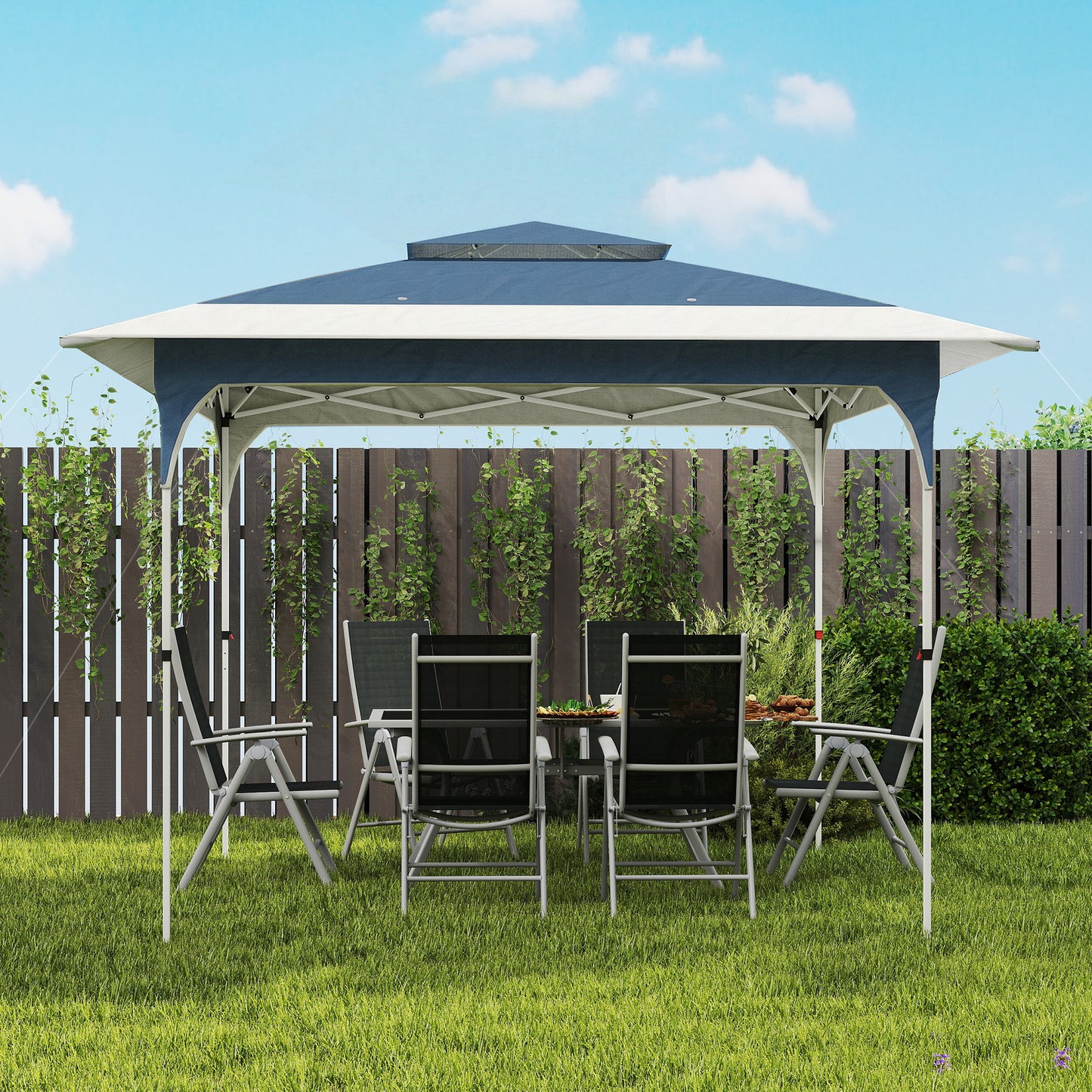 3.5x3.5m Pop Up Gazebo | One-Push Central Lock | Double-Tier UPF50+ 210D Oxford Fabric | 8 Rainwater Holes | 3 Height Settings | Windproof Level 4-6 | Snow Rated | Ropes & Stakes | Carry Bag | Blue & White
