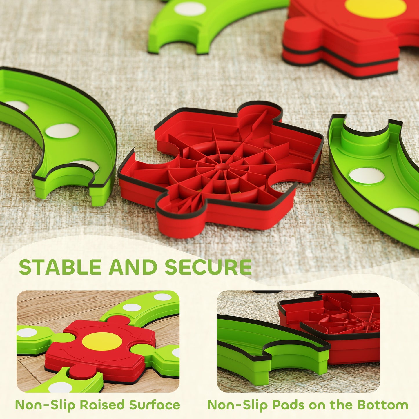 13 Piece Kids Balance Beam Stepping Stones Set with Non-slip Textured Surface, Outdoor Indoor for Toddlers, Green