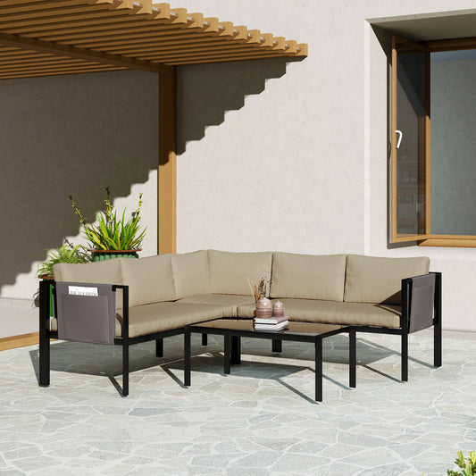 4 Piece Metal Garden Furniture Set with Tempered Glass Coffee Table, Breathable Mesh Pocket, Outdoor Conversational Corner Sofa, Khaki