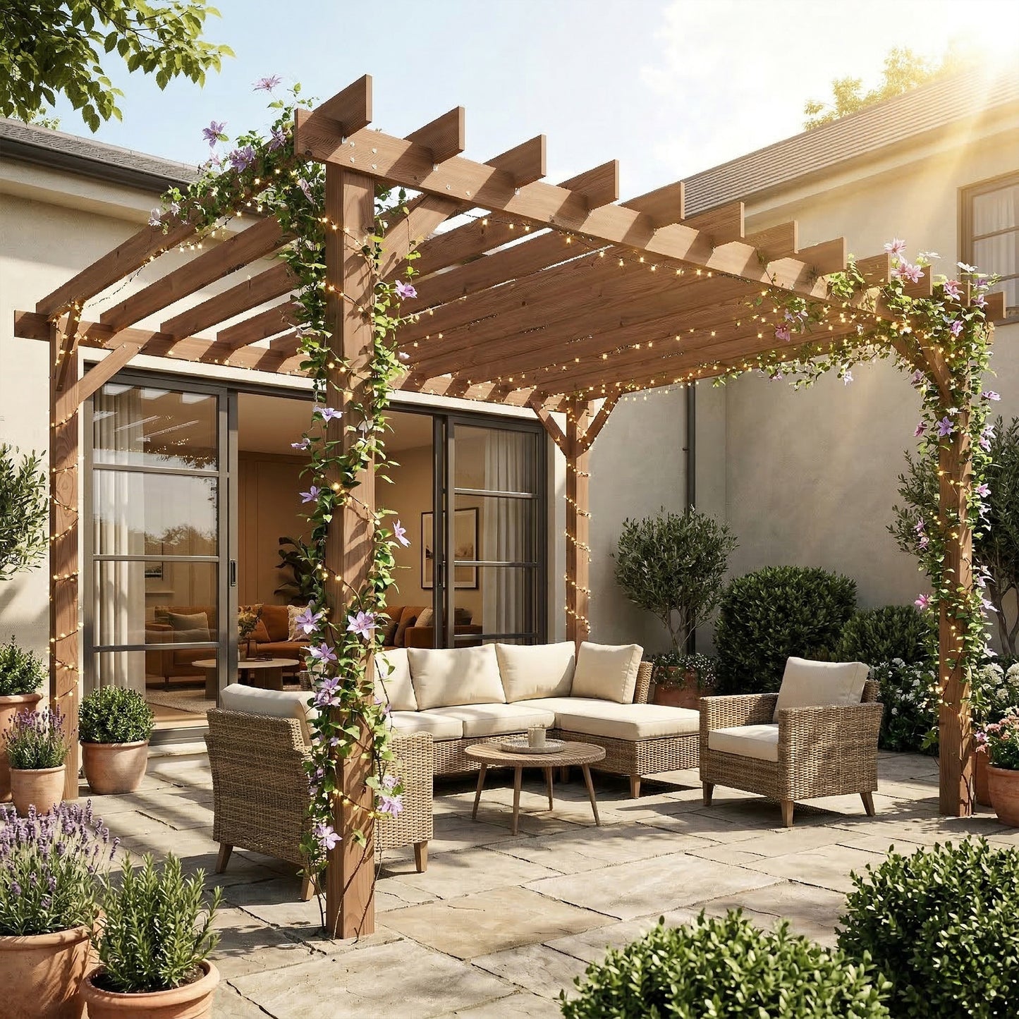 3.6 x 3 m Wooden Pergola Kit, Garden Pergola Gazebo Grape Trellis with Triangle Supports, Maple Wood-effect