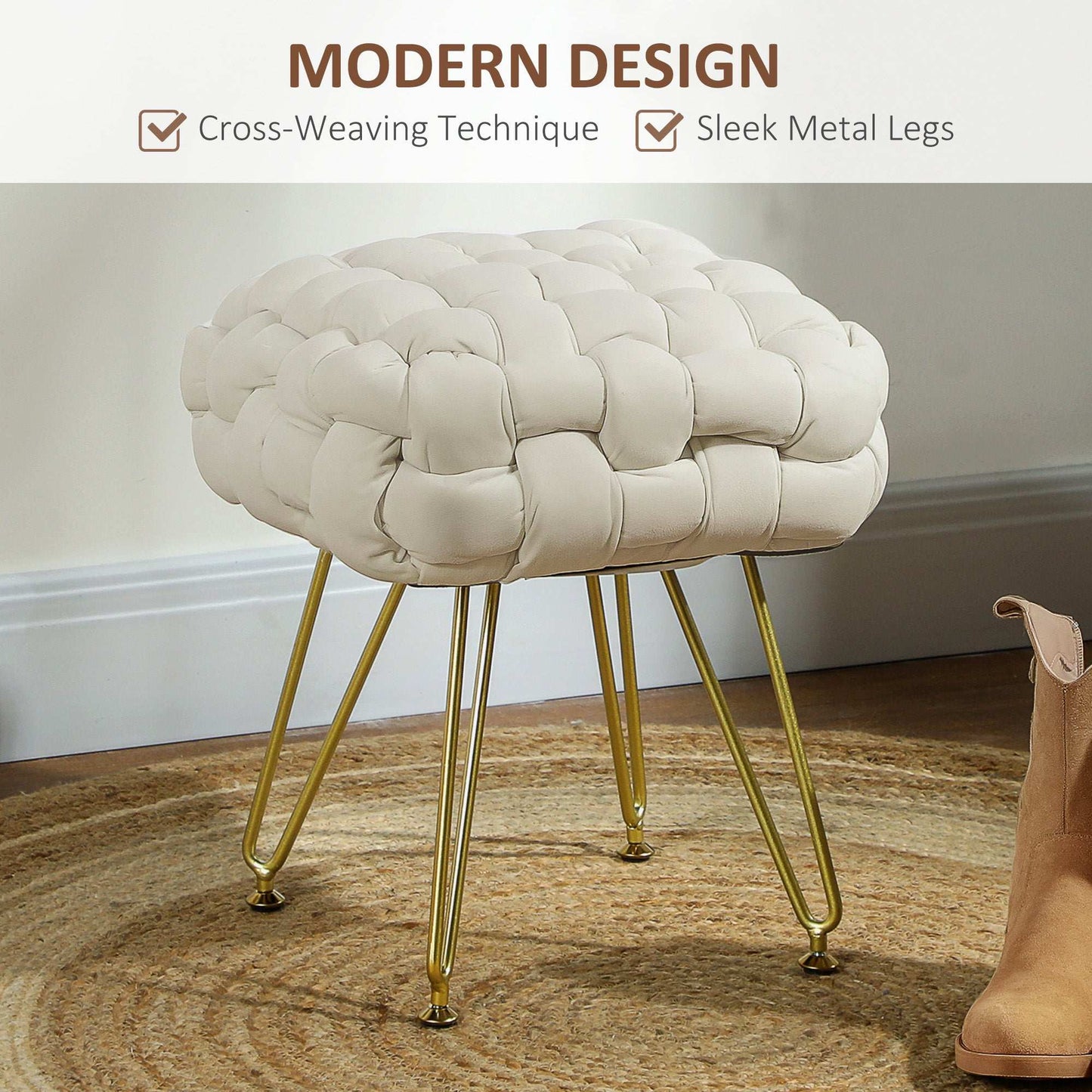 Velvet-Feel Bold Woven Footstool - Cream White