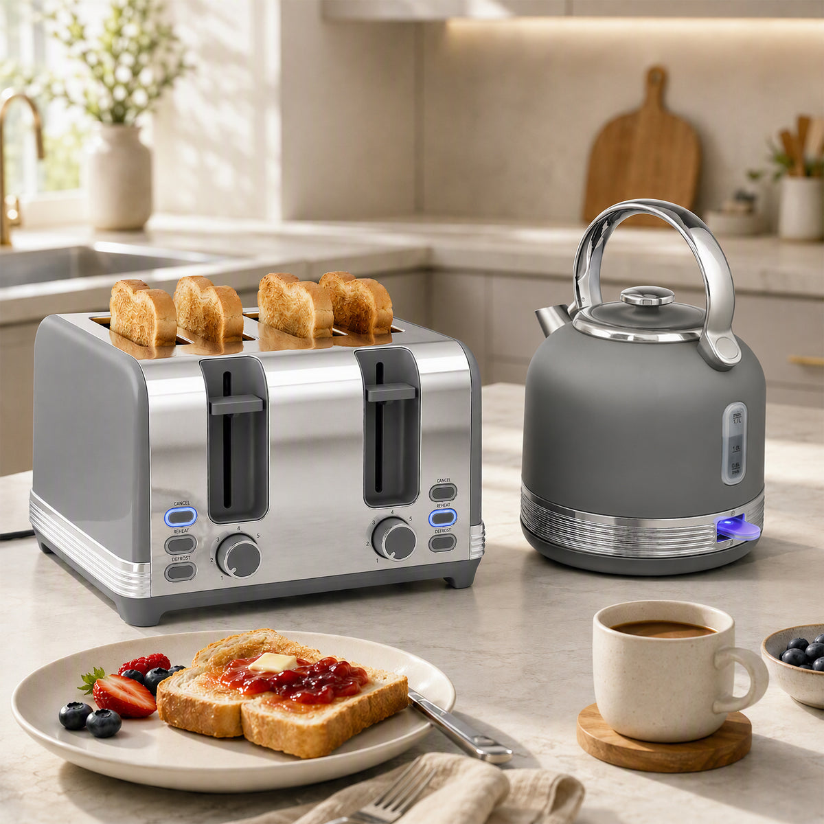 Kettle & Toaster Set | Grey Stainless Steel 1.7L 3000W Fast-Boil Kettle with 4-Slice Toaster