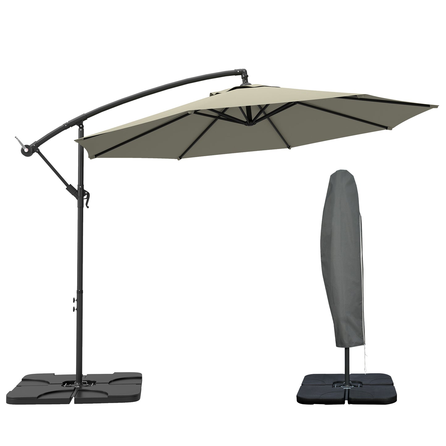 Outsunny 3(m) Garden Banana Parasol Cantilever Umbrella with Crank Handle, Cross Base, Weights and Cover for Outdoor, Hanging Sun Shade