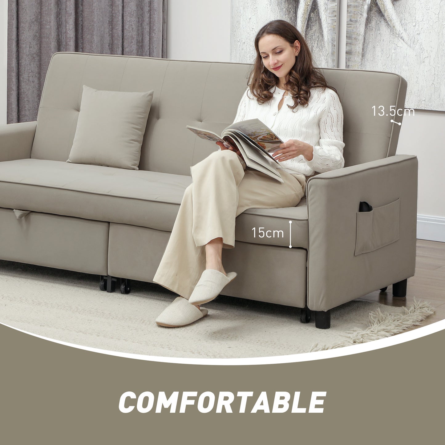 Three-Person Velvet-Feel Sofa Bed - Beige
