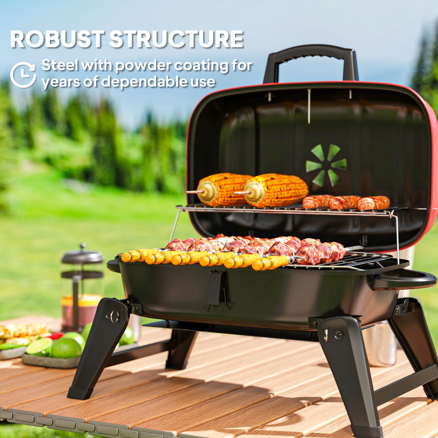 Charcoal Camping Picnic Barbecue Grill Folding BBQ Grill with 1232 cm² Cooking Area, Adjustable Vent, Thermometer, Handles, Red
