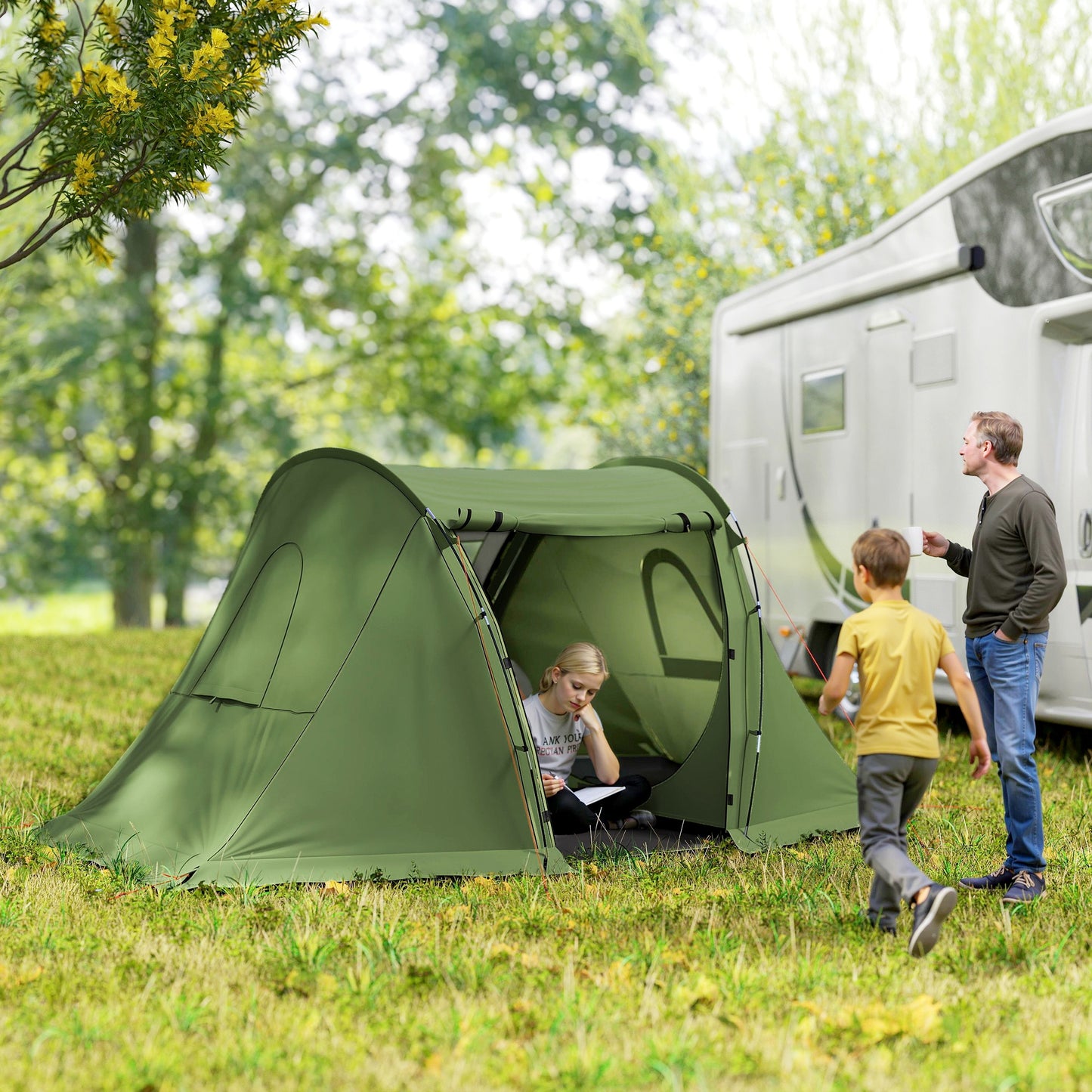 3 Man Camping Waterproof Family Tent with Living Area and 2 Bedrooms, 3000mm with Sewn-in Groundsheet, Portable with Bag for Hiking, Festival