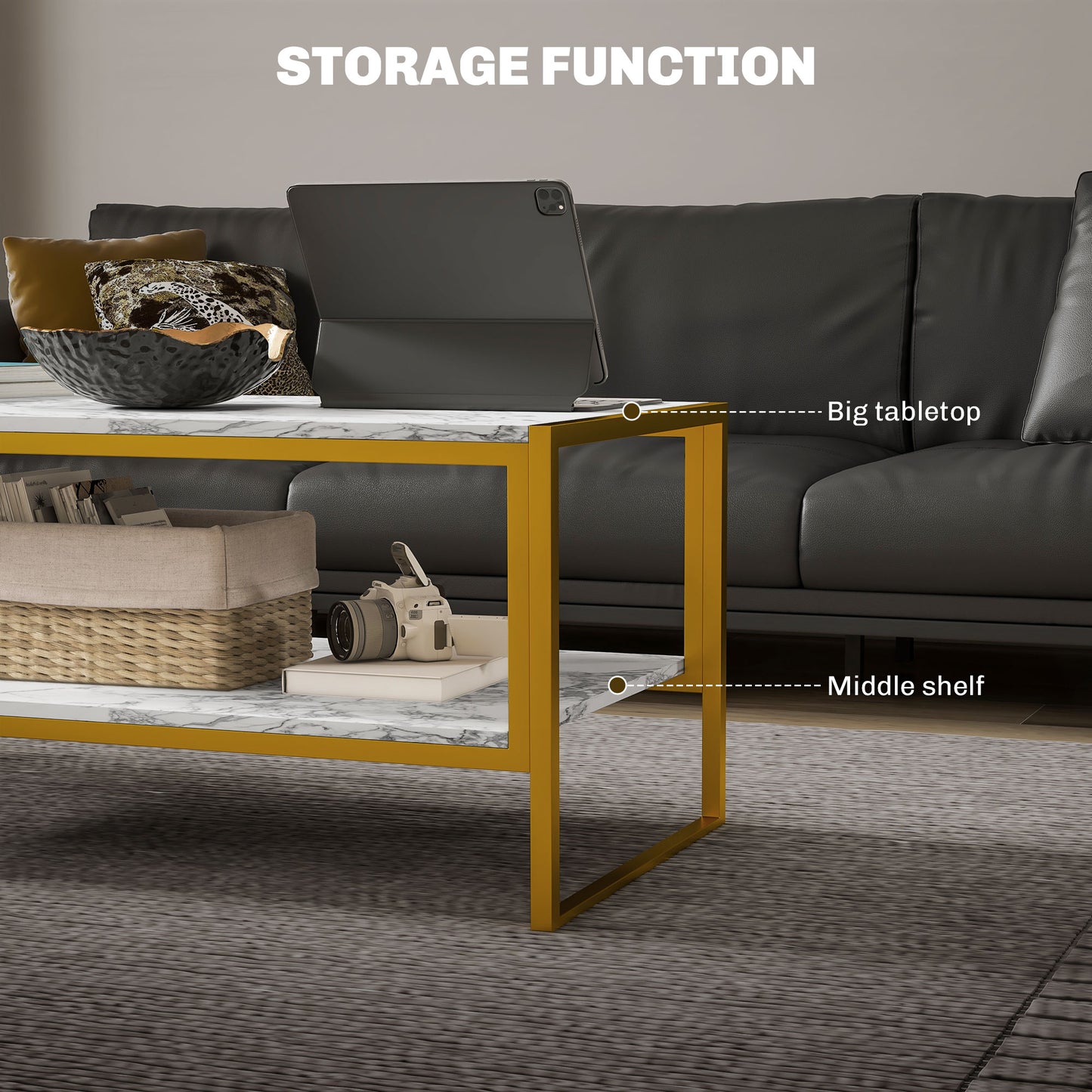 Two-Tier Coffee Table, Modern Marble Effect Center Table with Storage Shelf and Metal Frame, Tea Table for Living Room, White