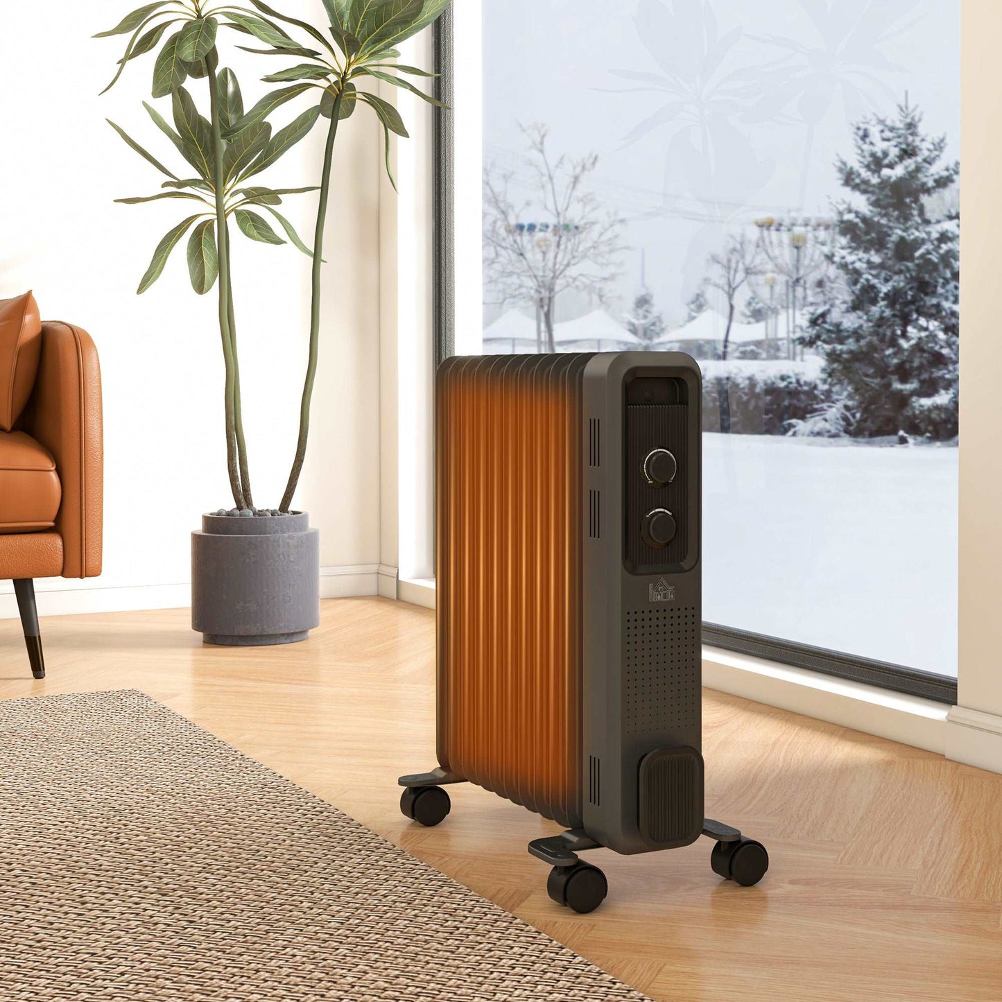 2500W Oil Filled Radiator, 11 Fin, Portable Electric Heater with 3 Heat Settings, Safety Cut-Off and Wheels, Grey