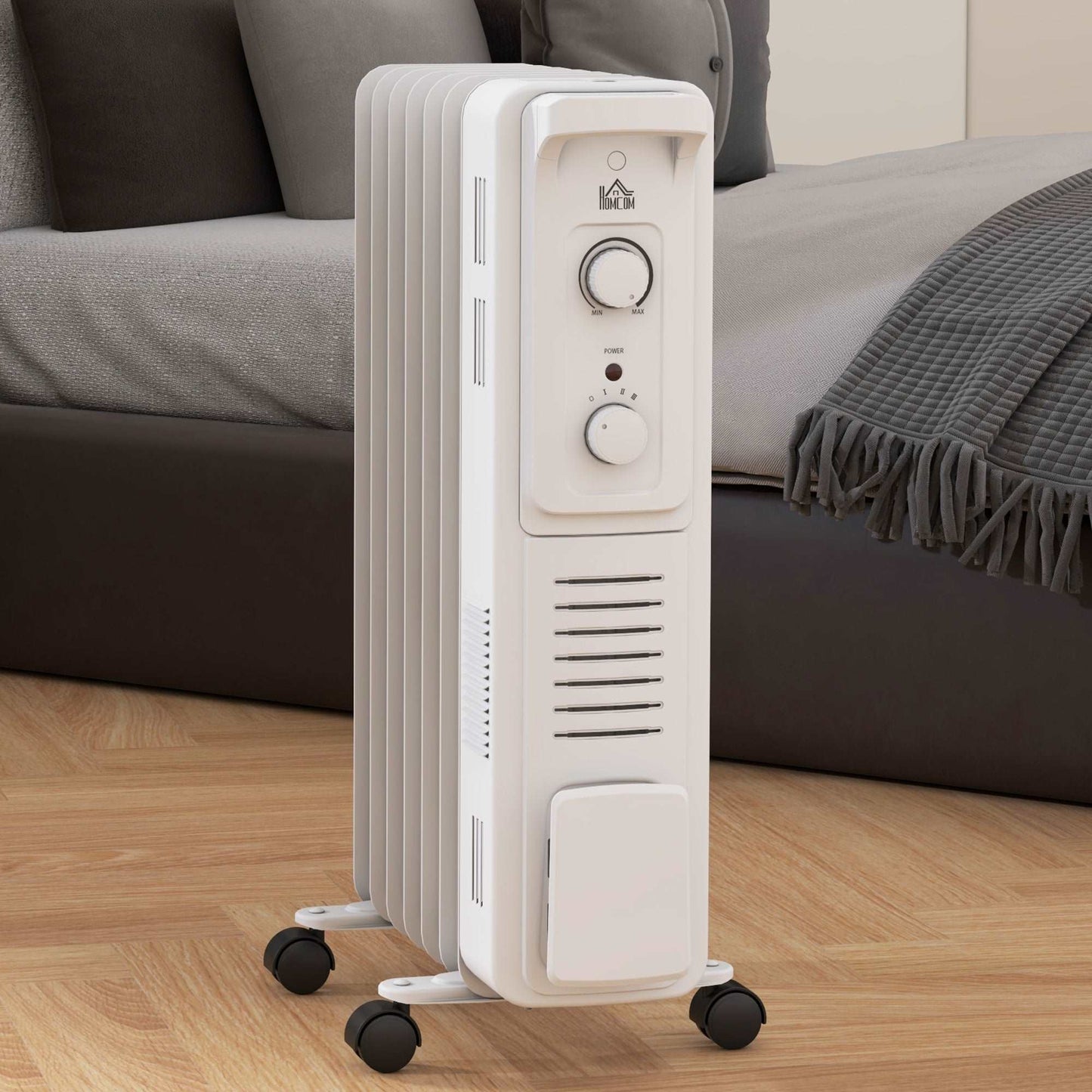 1500W Oil Filled Radiator, 7 Fin Energy Efficient Portable Electric Heater with 3 Heat Settings, Adjustable Thermostat, Safety Tip Over, Overheat Protection, for Home, White