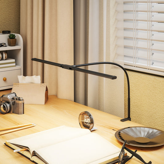 LED Desk Lamp with Clamp, Double Head Table Lamp with 3 Colour Modes & 10 Brightness Levels, Flexible Gooseneck Reading Desk Light for Study, Office, Work, Black
