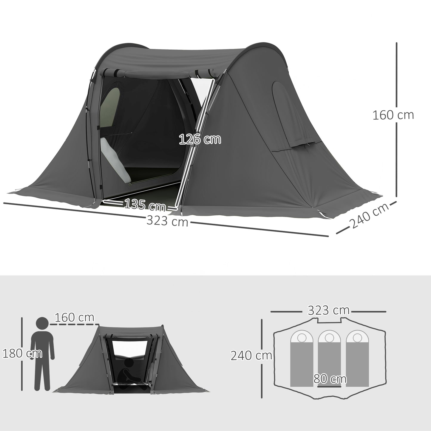 3 Man Camping Tent with Living Area and 2 Bedrooms, 3000mm Waterproof Family Tent with Sewn-in Groundsheet for Hiking, Festival, Backpacking