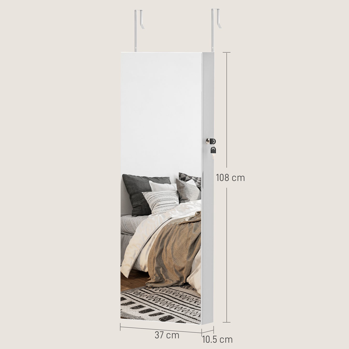 108 x 37cm Lockable Jewellery Cabinet, with LED Lights - White Surface and Pink Lining
