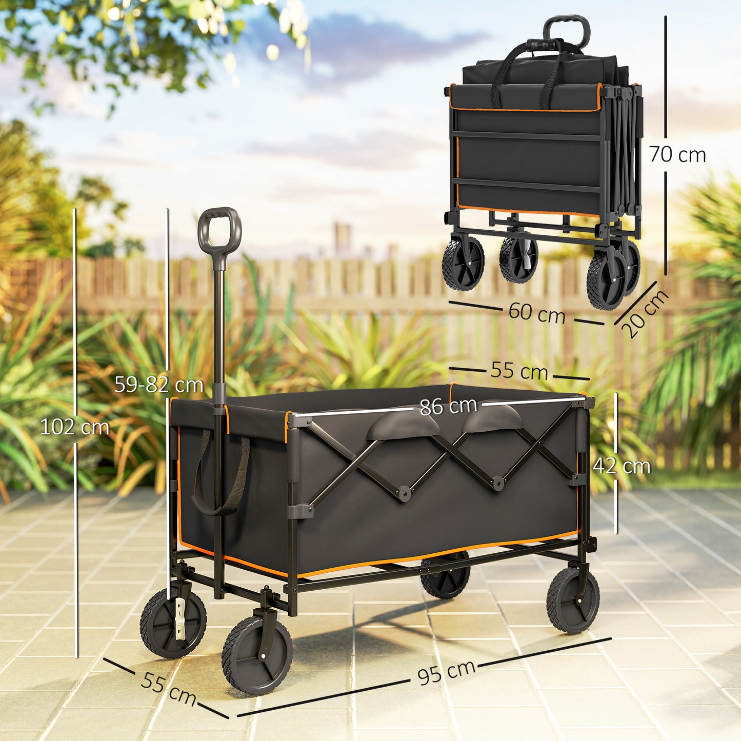 160L Festival Trolley on Wheels, Folding Camping Trolley Cart w/ Tailgate, 100kg Heavy Duty Garden Collapsible Folding Wagon w/Adjustable Handle, Carry Bag for Beach Picnic