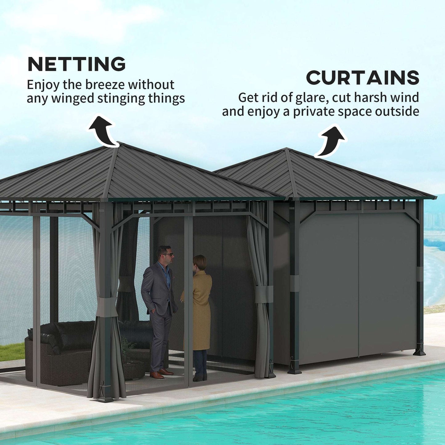 3 x 3(m) Hardtop Gazebo with Galvanised Steel Roof and Water Gutter, Waterproof Permanent Pavilion Garden Gazebo with Netting, Curtains