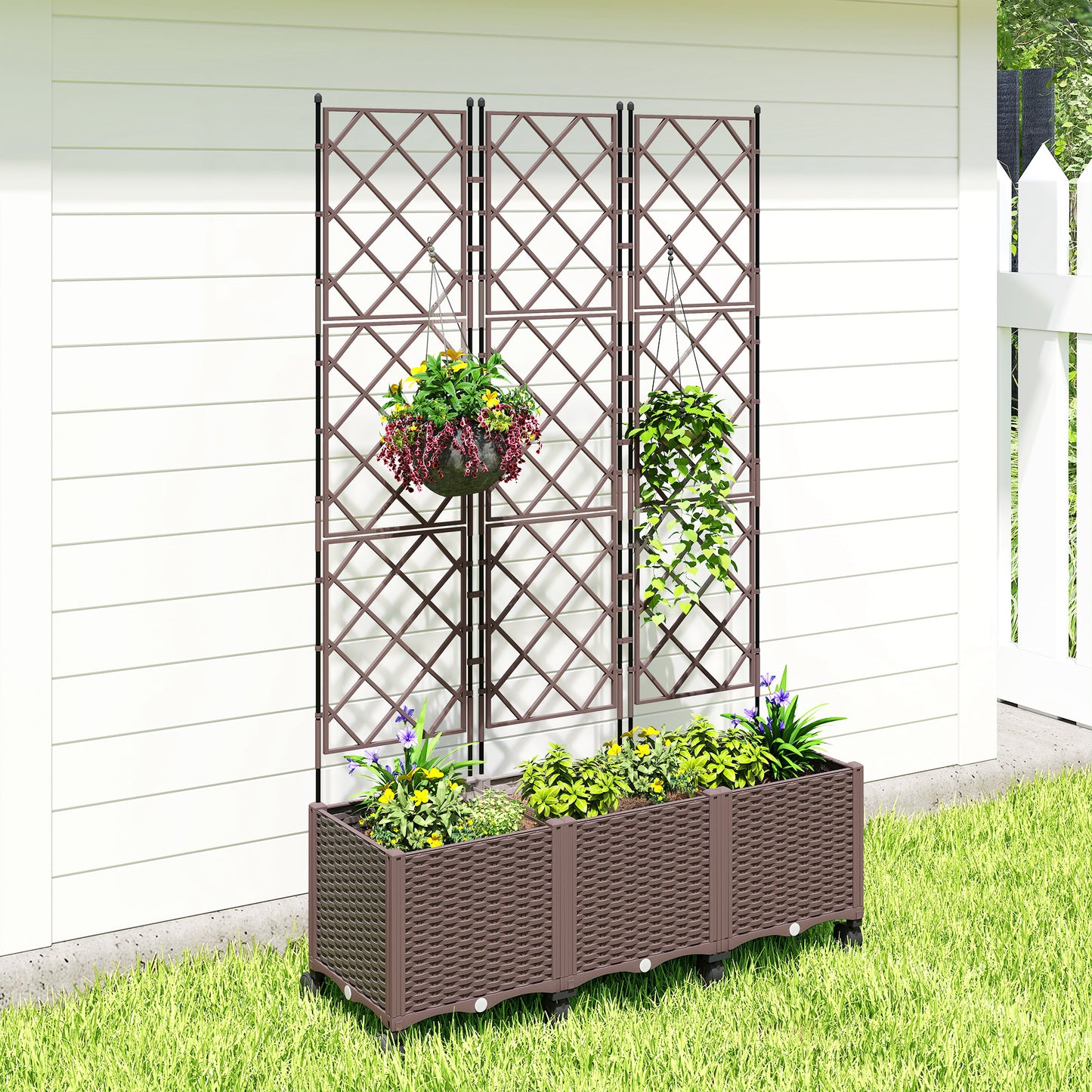Self-Watering Raised Planter with Trellis | 8 Wheels 4 Lockable | Built-In Reservoir | Drainage Holes & Plugs | PP Fade Resistant | 20kg Capacity | 120x40x192cm | Brown