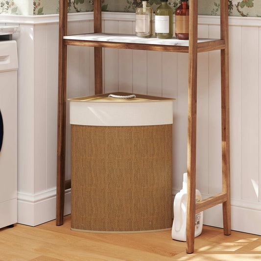 Bamboo Bathroom Triangle Laundry Basket with Lid, 55L Corner Hamper with Removable Washable Liner Bag, 35 x 35 x 60 cm, Brown