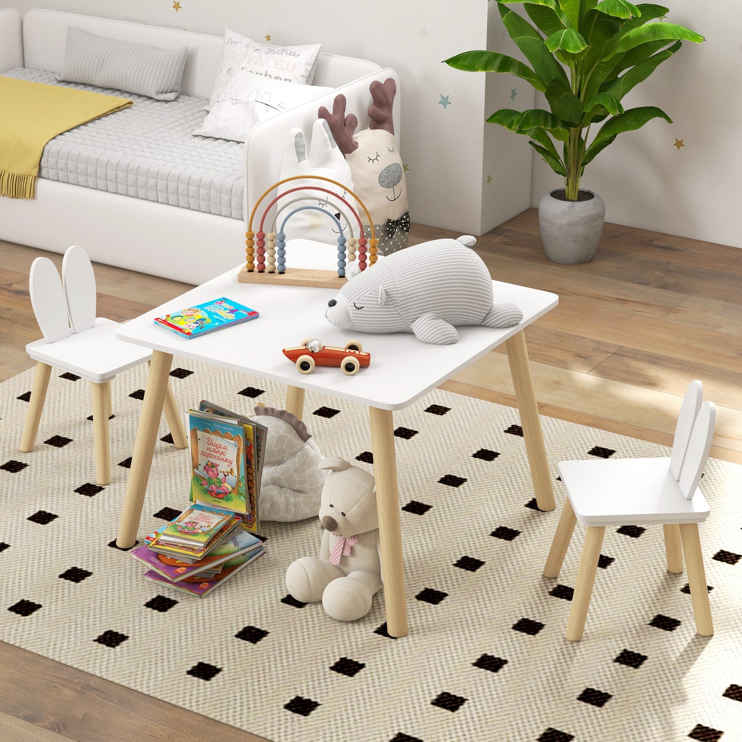 AIYAPLAY 3 Piece Toddler Table and Chair Set, Kids Desk and 2 Chairs Set w/ Bunny Ear Backrest, for Nursery, Playroom