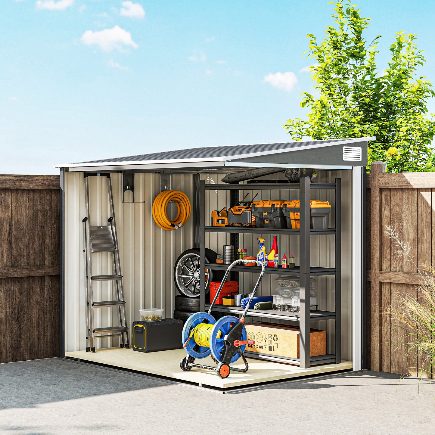 Galvanised Steel Lean-To Garden Storage Shed | Sliding Door | 2 Hooks & 2 Adjustable Shelves | 2 Vents | Floor Foundation Included | 40kg/m² Snow Rating | 154x206.5x181cm | 2.81m² | Light Grey Wood Effect