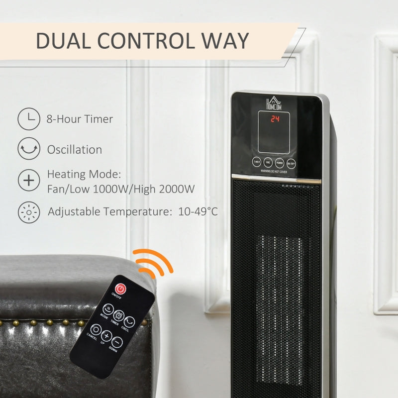 Tower Heater with 2 Heat Setting 1000W/2000W and Ceramic Fan, Electric Space Heater with Oscillating Remote Control 8hrs Timer Tip-Over Overheat Protection, Black
