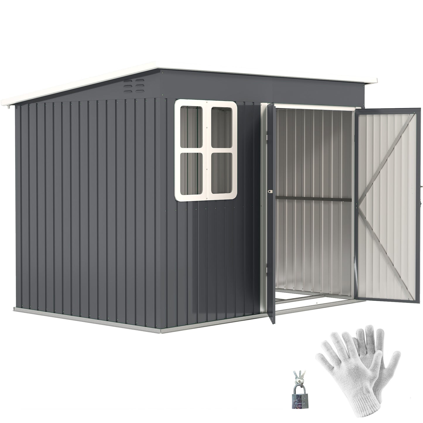 8.5 x 6ft Storage Shed Galvanised Steel Garden Shed, Metal Shed with Foundation Kit, Window, Lockable Wide Doors and Air Vents, Dark Grey