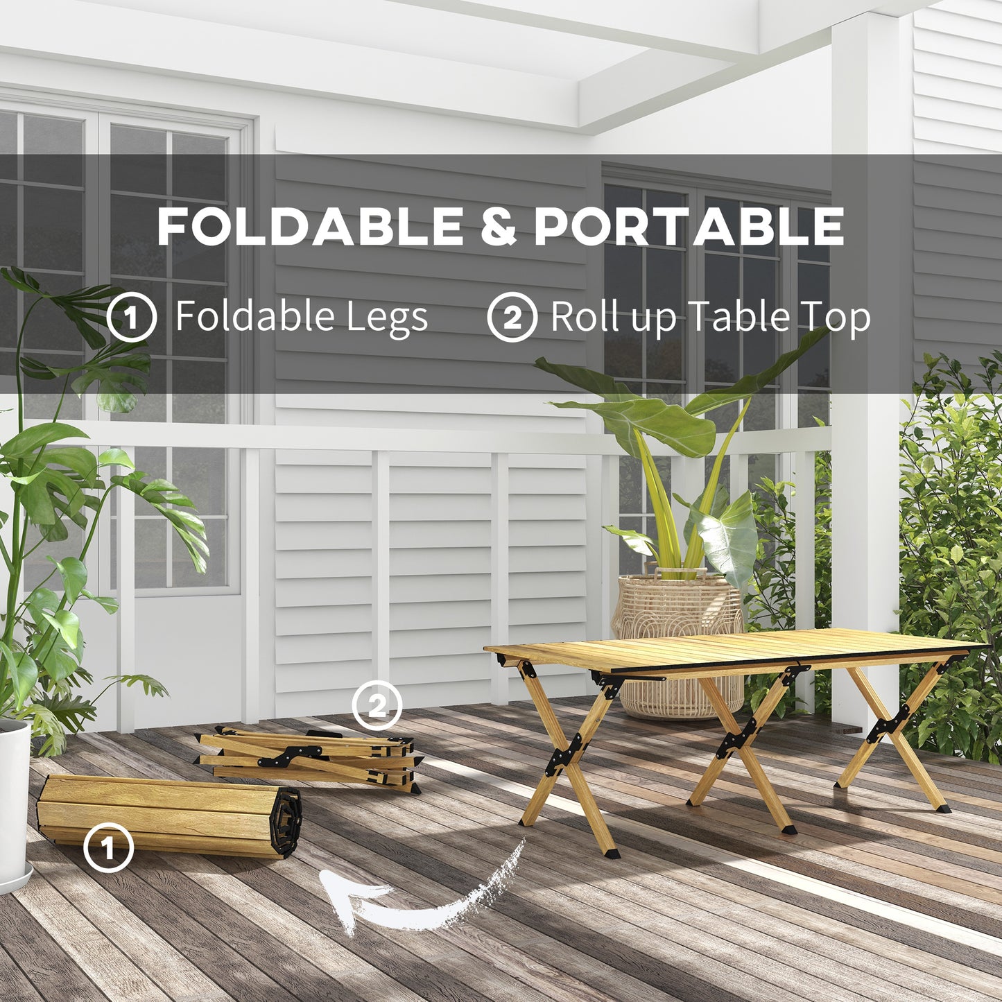 Outsunny Portable Camping Table, Aluminium Folding Table with Roll-Up Top, Picnic Table for Indoor, Outdoor, Party, BBQ, Beach, Natural Wood Effect