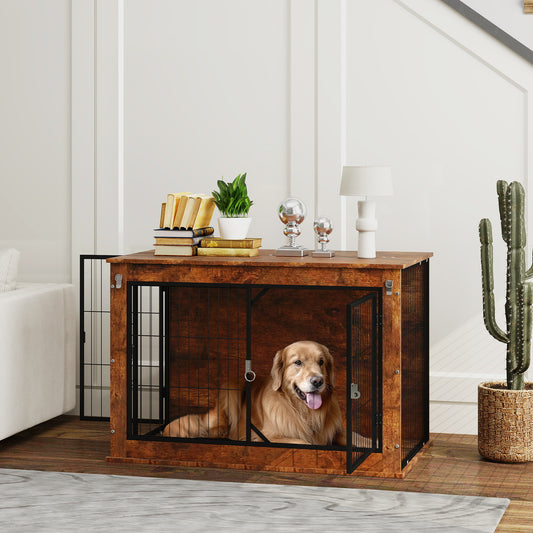 Dog Crate Furniture Side Table | Flip-Up Top | Double Doors | 3-Sided Ventilation | Large Dogs up to 30kg | 98 x 60 x 65.5cm | Rustic Brown