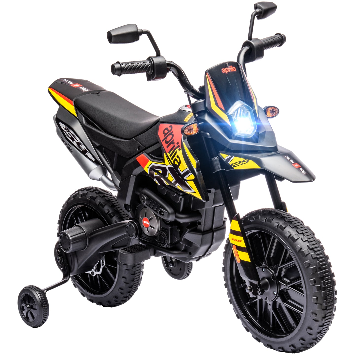 AIYAPLAY 12V Aprilia Licenced Kids Motorbike with Training Wheels, Spring Suspension, LED Light, USB, Music, Red / Yellow