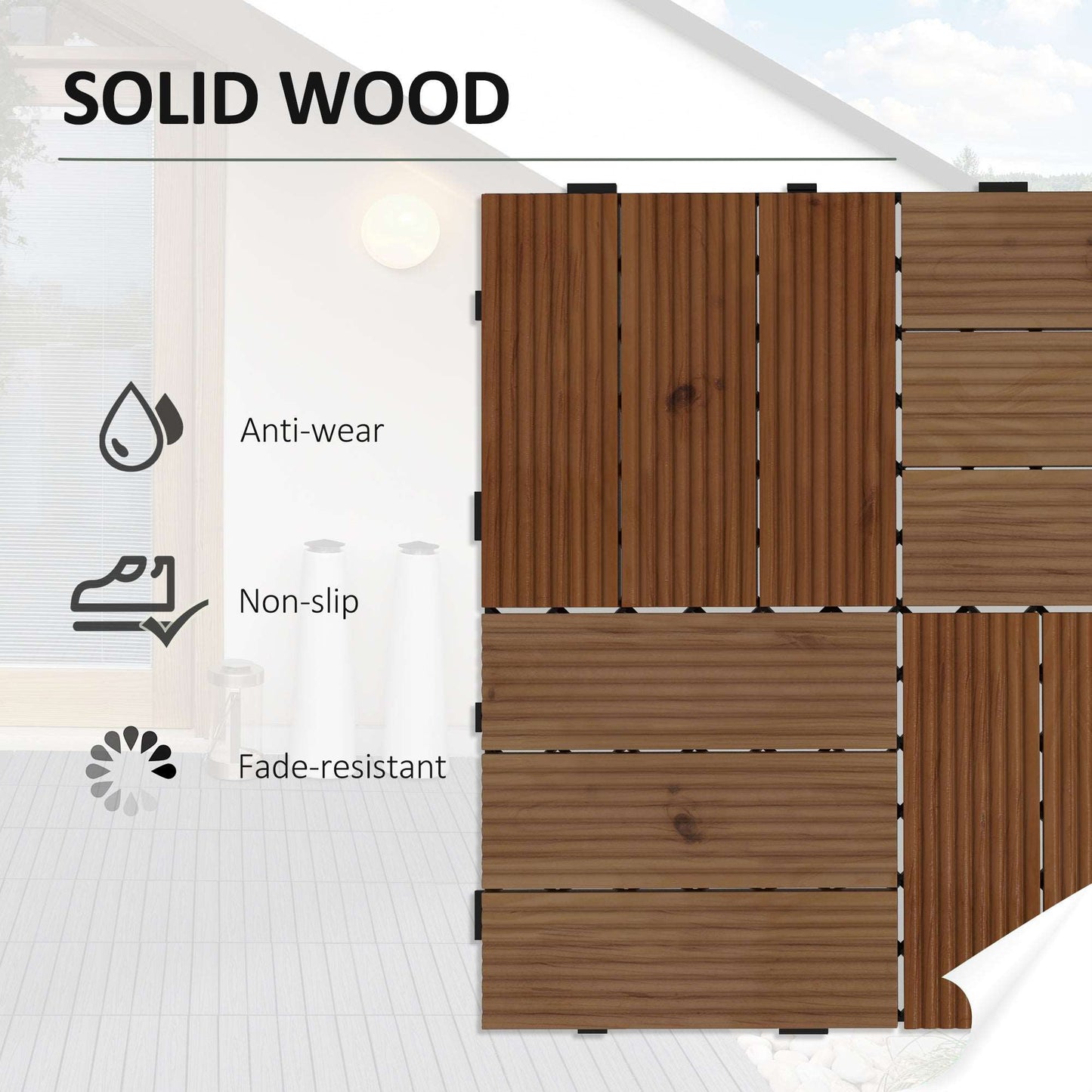 27 Pcs Wooden Interlocking Decking Tiles, 30 x 30 cm Anti-slip Outdoor Flooring, 0.81㎡ per Pack, All Weather Use for Patio, Balcony, Terrace, Hot Tub, Brown
