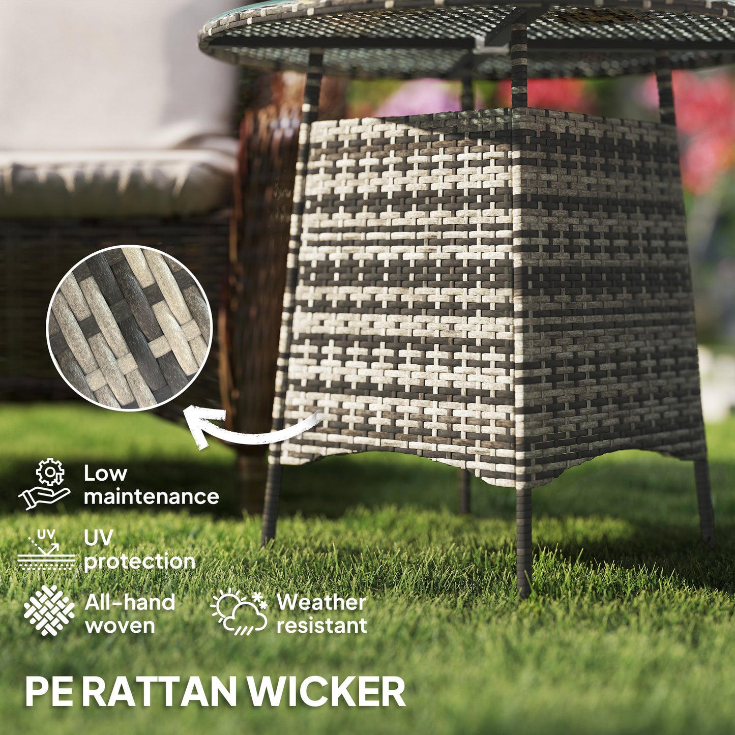 Outsunny Wicker Garden Rattan Table, Patio Furniture Outdoor Coffee Table with Umbrella Hole and Tempered Glass Top, Grey / Brown