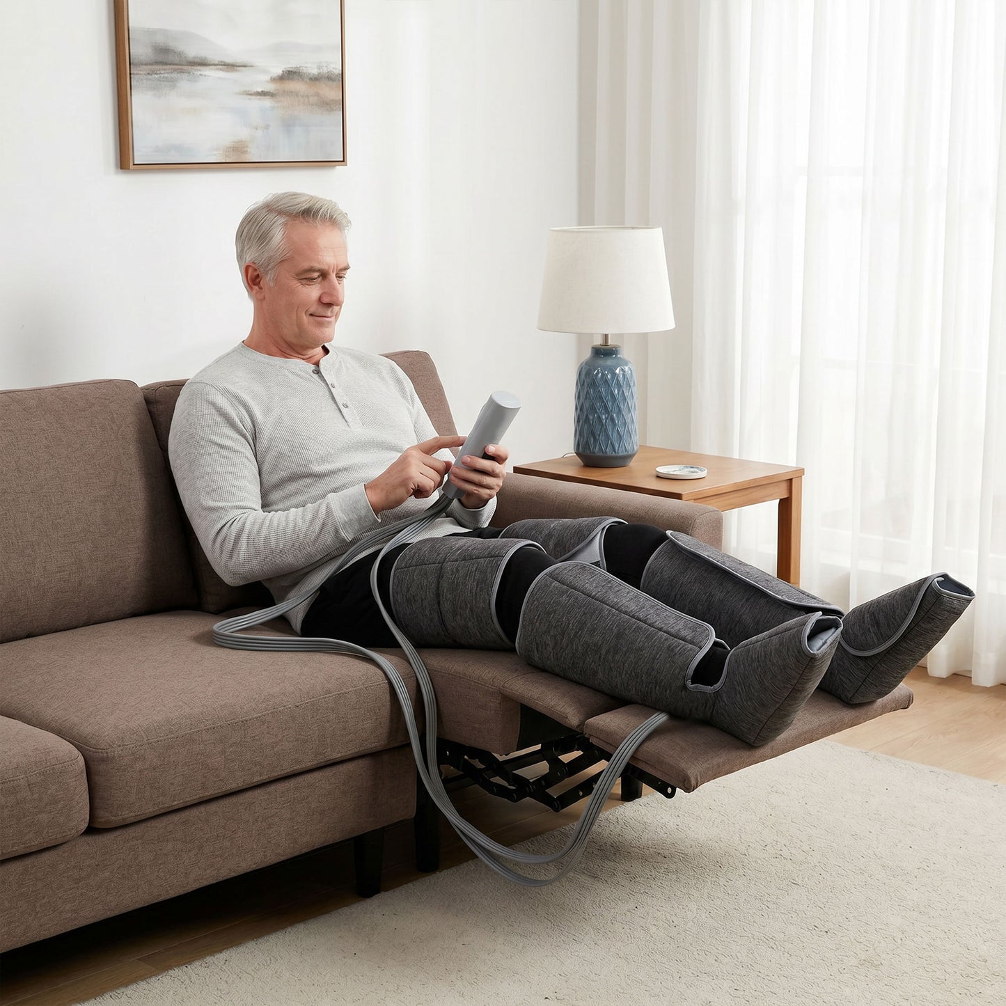 Air Compression Leg Massager with Heat | 6 Airbags | 360° Full-Leg Coverage | 3 Modes | 3 Intensities | Grey