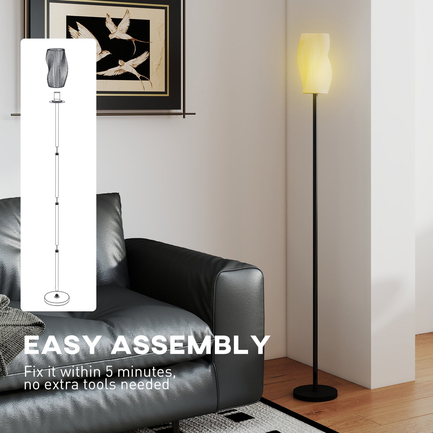 Floor Lamp for Living Room, 3D Printed Modern Standing Lamp with Flowing Curved Shade, 3 Colour Temperature & Foot Switch, Minimalist Tall Pole Lampshade for Bedroom, Office, White