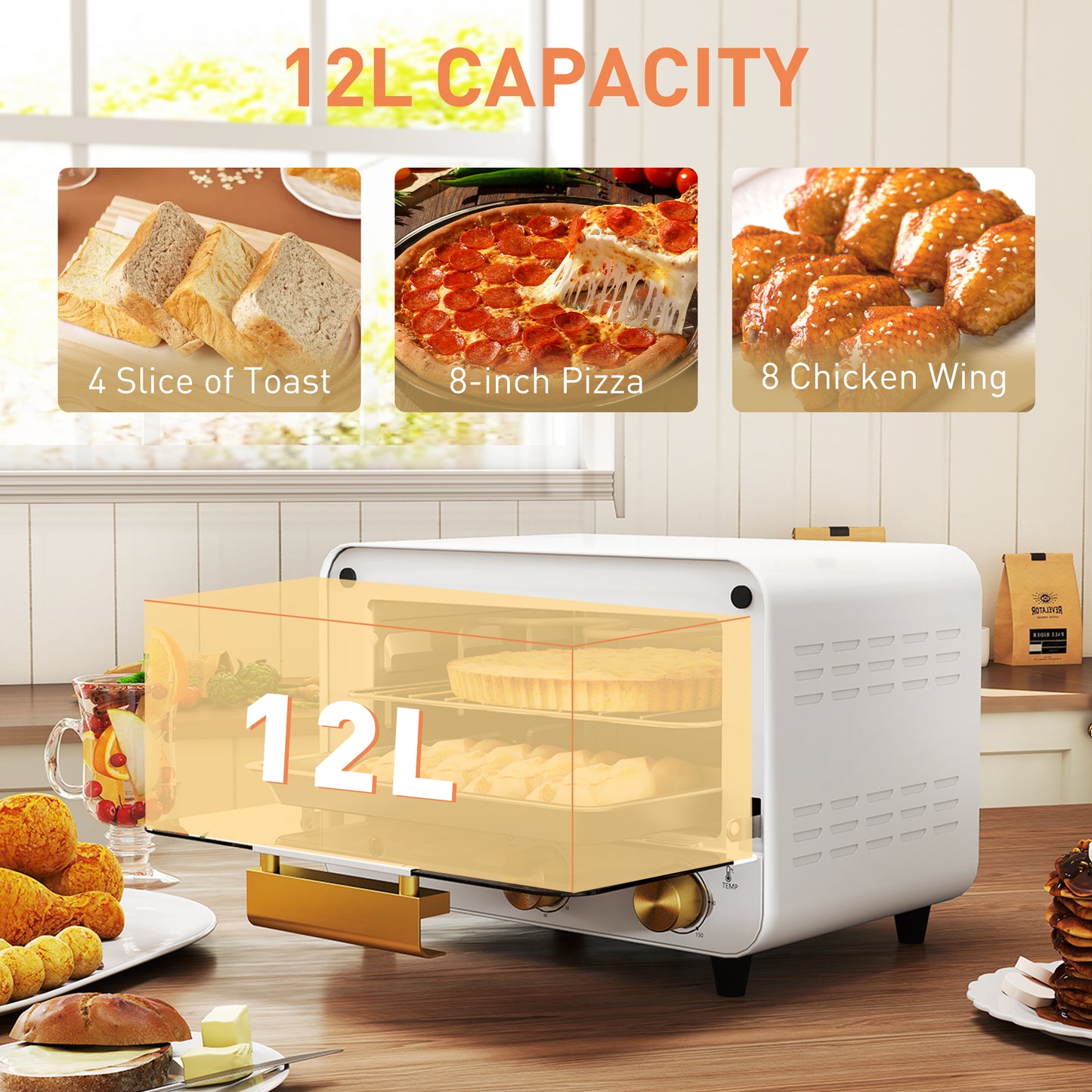 Small Toaster Oven, 12L Multifunction Mini Countertop Oven with Glass Door, Adjustable Temperature and Timer, Accessory Included, 750W, White