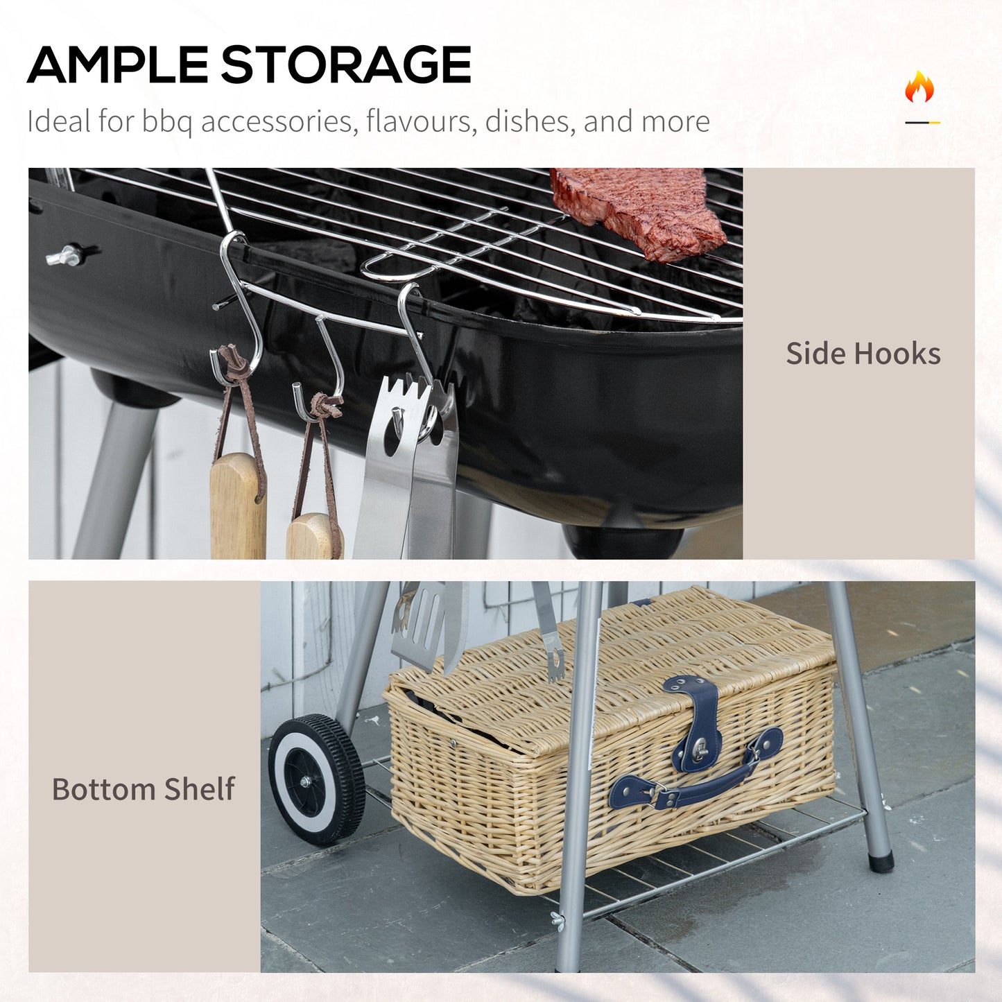 Outsunny Portable BBQ Charcoal Grill with 2 Wheels and Cooking Utensils, Smoker Grill with Lid for Outdoor Barbecues, Camping, Picnic